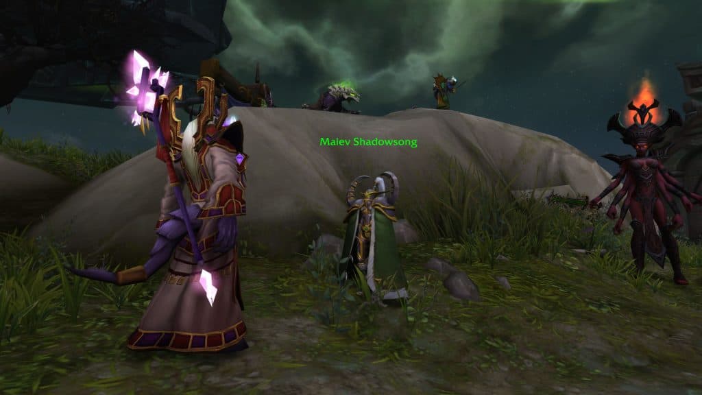 Maiev Shadowsong handing Hunters the Champions of Legionfall quest at Deliverance Point